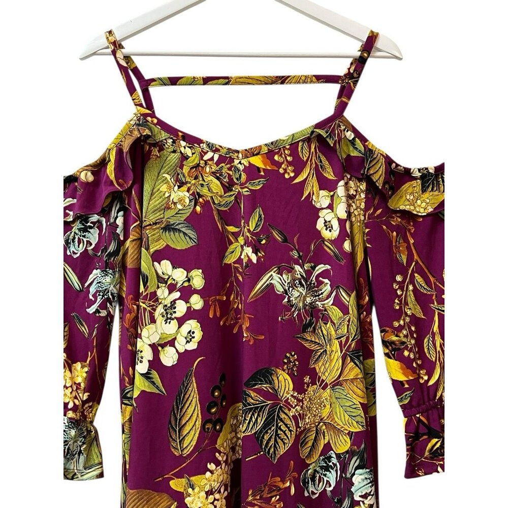 Du Jour Cold Shoulder Dress Floral Purple Raspberry Ruffle 3/4 Sleeve Size Large - Picture 10 of 16